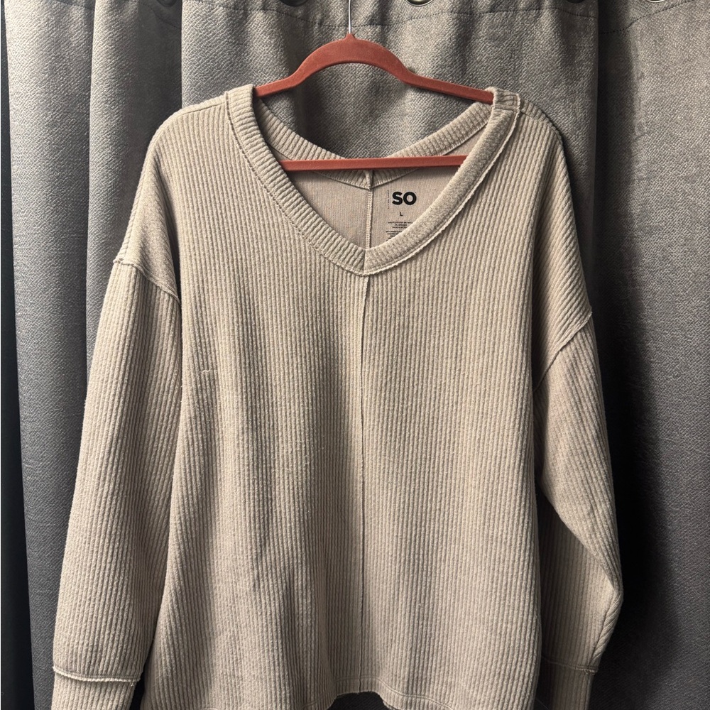 SO Ribbed Oversized V-Neck Long Sleeve Top Beige Neutral Size Large